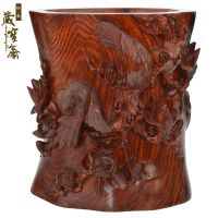 红木工艺品老挝大红酸枝笔筒办公用品喜上眉梢笔筒木雕精品 摆件