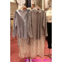 韩国女装代购 东大门进口批发 2015春款翻领条纹拼接假两件连衣裙