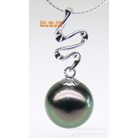 珍珠吊坠正圆强光10-11mm  18K金 孔雀绿大溪地珍珠项链吊坠包邮