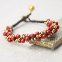 泰国蜡绳编织复古多层红松石铜铃手链 泰饰手工民族饰品批发s0057