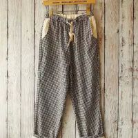 裤子女 夏季新品 日系棉麻格子抽绳松紧腰女装休闲裤
