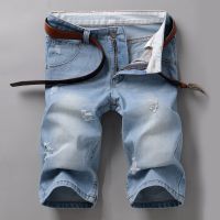 淘寶熱銷夏季新款牛仔短褲男五分褲韓版磨白破洞直筒男式牛仔中褲