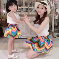 2015新款蝴蝶结领背心无袖彩虹母女套装亲子装