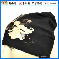 韩版男女士冬季帽子 时尚花卉印花套头帽 黑色套头针织帽 帽厂批