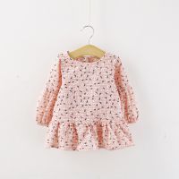 女童连衣裙 发泡胶印花朵 长袖荷叶边娃娃衫裙    3-1-1053