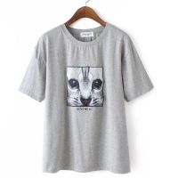 2015夏韩版女装新款纯棉刺绣贴布猫圆领宽松中长款短袖T恤8090-H