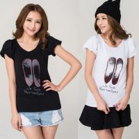 2015夏裝新款純棉短袖精品簡約鞋子泡泡袖女裝T恤模特實(shí)拍