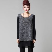 欧美时尚新款厂家直批 呢子拼接雪纺 宽松大码秋季女装长袖上衣