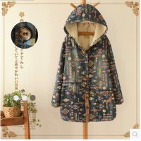 日系森女系2014年秋冬裝新款幾何印花圖案連帽中長款牛仔寬松外套