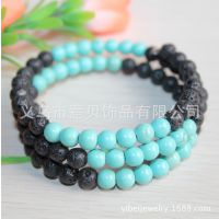 [意贝]新款天然熔岩能量圆珠火山石松石多圈手链男女通用时尚韩版
