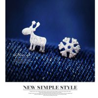 ***925纯银拉丝雪花小鹿耳钉 原创手工银饰耳饰品情人节圣诞礼物
