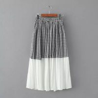2015春季新款懷舊風(fēng)清新小方格拼接半身裙百褶大擺裙女 M43462