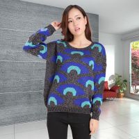 韩版秋季新款套头针织衫 女式宽松圆领月亮扇子图案毛衣女针织衫