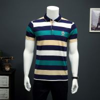 忆惜格罗 2017夏季男装条纹翻领短袖全棉男式polo衫 中年男士薄款直筒型POLO衫