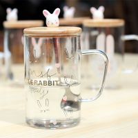 HOLY欢乐兔透明花茶杯单层高硼硅玻璃耐热泡茶杯子卡通情侣杯配勺子