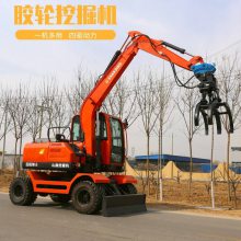 陕西渭南工程型轮式挖掘机 进口柱塞泵胶轮小挖机 抓钢的轮式小型挖掘机价格