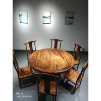 胡桃木餐桌椅7件套新中式圆桌全实木餐桌椅搭配官帽椅批发