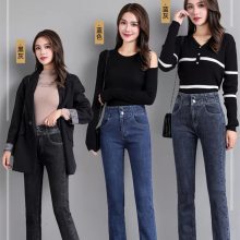 直筒牛仔裤女高腰显瘦显高2022年春秋新款弹力修身烟管裤冬季加绒广州