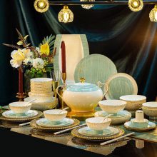 新房送礼物 景德镇骨瓷餐具套装60头简约北欧风蓝颜餐具碗盘勺礼品