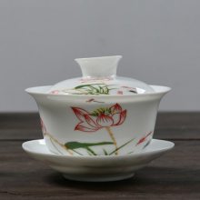 手绘荷花陶瓷盖碗茶杯 青花瓷泡茶器礼品订制 大号粉彩莲花白瓷茶碗