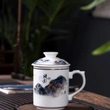 创意个性陶瓷水杯带盖 活动礼品茶杯定制 青花瓷杯子刻字