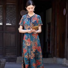 新款缎面真丝连衣裙女 2021夏天新款***气质碎花桑蚕丝裙子 宽松中长款花裙