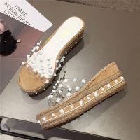 高跟鞋坡跟休闲拖鞋女夏时尚 外穿新款女鞋学生复古6女生女士铆钉