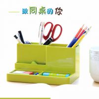 得力办公用品9115塑料桌面笔筒笔座收纳名片盒功能多功能笔筒