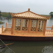 山东出售电动船中式观光木头船户外旅游木船公园景区单亭旅游客船