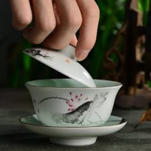 定窑粉彩盖碗陶瓷 手绘青瓷茶碗 粉彩脂白三才碗单杯