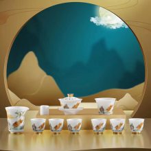 玉兔呈祥11头陶瓷功夫茶具盖碗茶礼商务套装 生肖兔年答谢客户礼品