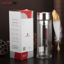 华象2089号玻璃杯高硼硅双层茶水分离泡茶杯礼品办公可定logo