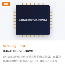 K4RAH086VB-BIWM 是三星面向工业级、车载及***环境推出的 16Gb (2G×8) DDR5-5600 宽温内存颗粒。它与消费级 K4RA
