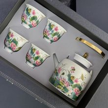 提梁壶茶具 粉彩荷花款 仿古泥青瓷一壶四杯大容量茶具 商务礼品