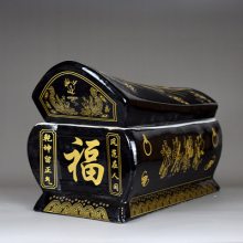 黑色福字陶瓷棺材 德州市殡葬用品骨灰坛 山东迁坟捡骨头罐批发
