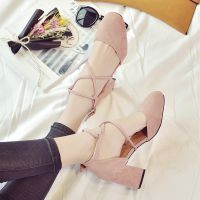 2018春季新款粗跟单鞋方头绑带高跟鞋绒面韩版百搭浅口学生女鞋子