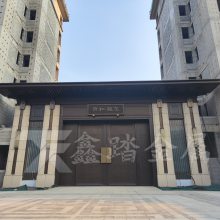 景观中式大门钢结构屋檐斗拱售楼部小区入门门楼古铜不锈钢包板