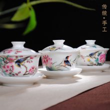 景德镇手绘陶瓷盖碗茶具手工粉彩花鸟三才碗功夫茶杯大号茶碗