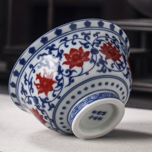 中式茶庄开业赠品 景德镇仿古青花釉里红缠枝莲主人杯品茗压手杯