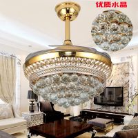 LED水晶金色吊扇燈隱形電風扇燈現(xiàn)代簡約客廳變頻扇臥室餐廳歐式