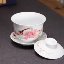 7501毛瓷水点桃花盖碗品茗杯茶具天地三才泡茶碗大号 茶庄送客户礼品