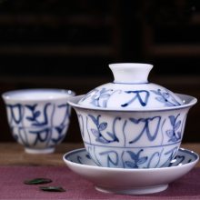 景德镇古窑刀字纹盖碗青花陶瓷手绘茶盖碗茶具三才杯仿古品茗杯