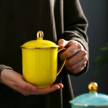 颜色釉茶杯带盖 办公室会议杯 家用水杯定制 陶瓷泡茶碗印logo