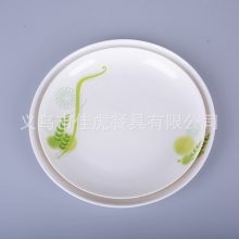 外贸密胺美耐皿餐盘圆形盘子白色贴花浅盘创意月光盘9寸10寸平盘