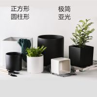 陶瓷花盆简约室内黑白色磨砂正方北欧型圆柱现代特大中小花盆ins