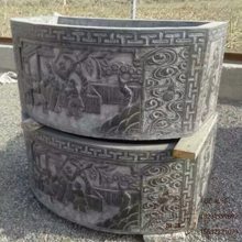 石雕水缸 大理石圆形石槽 黑色石雕鱼缸