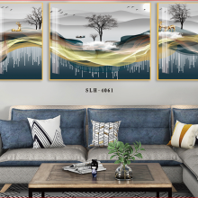 新中式客厅装饰画三联山水挂画沙发背景墙壁画山河风景金蓝色简约