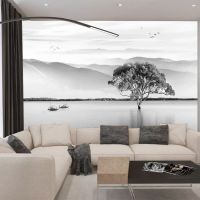 定制3d新中式壁纸灰色湖泊树木远山小船风景画电视背景墙壁画墙纸