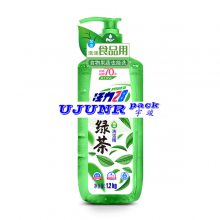 1.2L活力绿茶加倍浓缩洗涤灵瓶双侧面不干胶贴标机