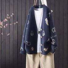 2021秋冬时尚韩版v领宽松套头中长款针织衫外穿毛衣女装潮流棉衣批发